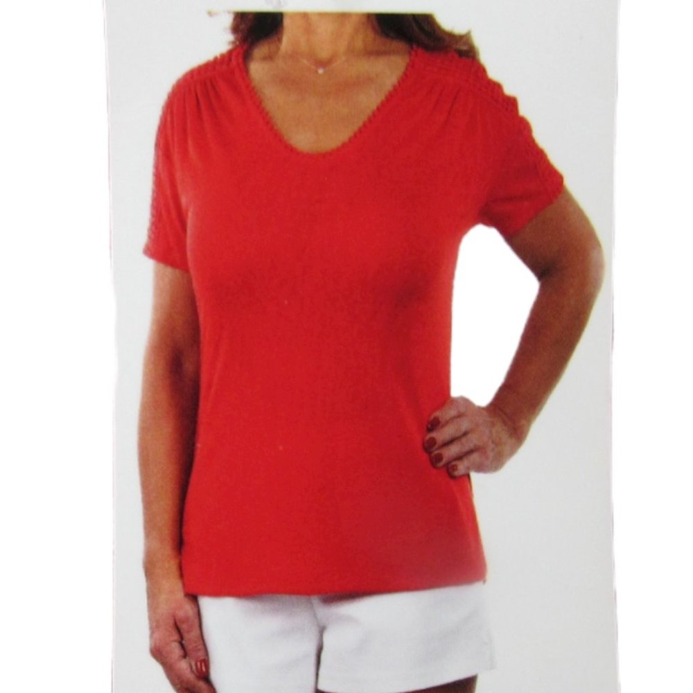 Modern Canvas Women's Tunic Short Sleeve Crochet Detail Top w/ Side Slits